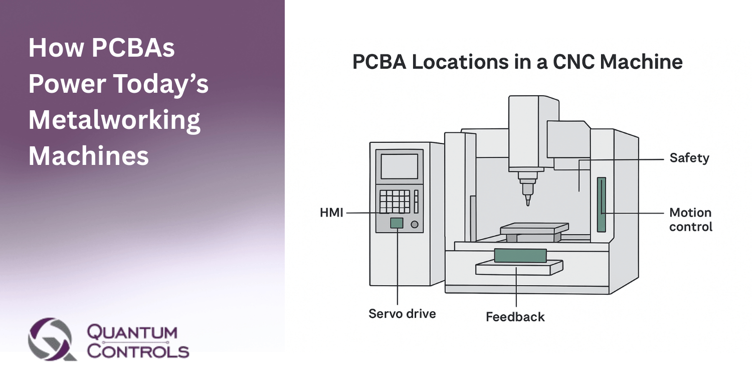 Quantum Controls diagram illustrating PCBA locations in a CNC machine for metalworking. The graphic highlights key areas where printed circuit board assemblies power machine functions, including HMI, Servo drive, Feedback, Safety, and Motion control systems.