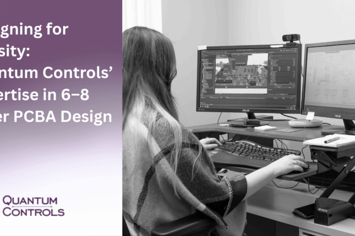 A Quantum Controls engineer at a dual-monitor workstation, specializing in designing for high PCBA density with 6–8 layer boards.
