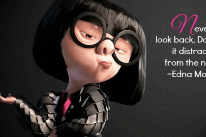 Edna Mode from The Incredibles with her quote, 'Never look back, Darling, it distracts from the now,' used to illustrate the costly business myth of ignoring historical data, via Quantum-Controls.