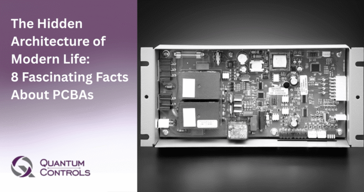 A high-detail, top-down view of a Printed Circuit Board Assembly (PCBA) with integrated circuits and components, illustrating 'The Hidden Architecture of Modern Life' for Quantum-Controls’ educational guide on PCBA manufacturing facts.