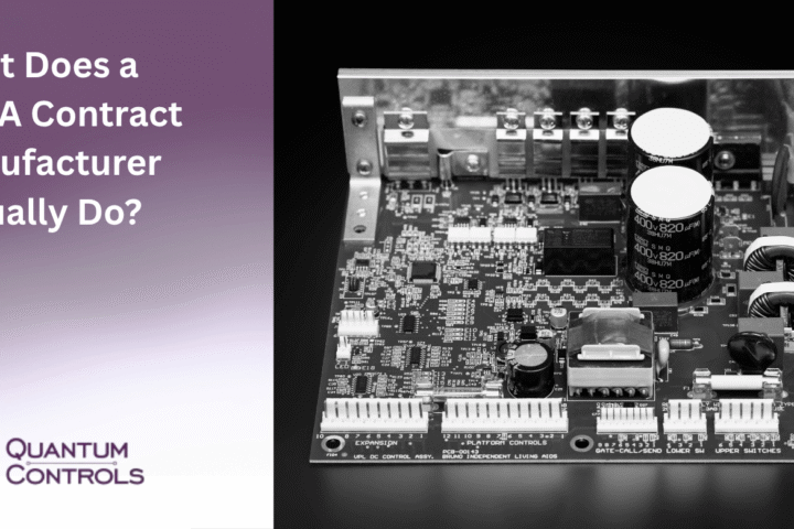 A detailed close-up of a complex printed circuit board assembly (PCBA), featured alongside the text 'What Does a PCBA Contract Manufacturer Actually Do?' to illustrate the specialized manufacturing services provided by Quantum Controls.